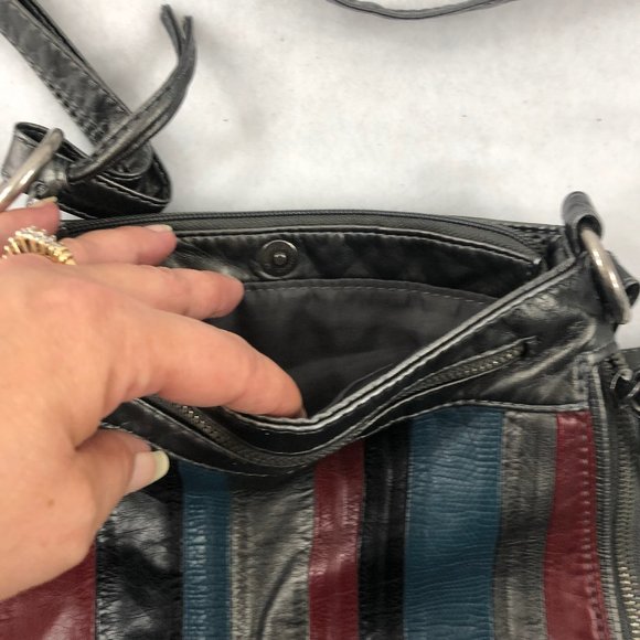 Vegan Crossbody Handbag Multi Pockets Muted Gold Metallic Burgundy Blue Striped - Picture 13 of 13